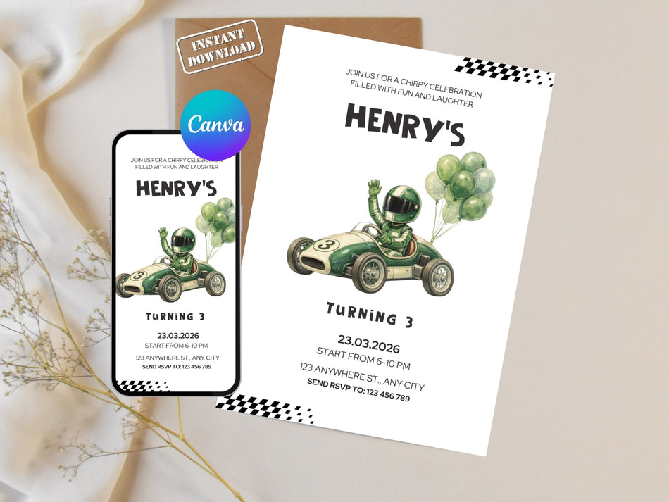 Race Car Birthday Invitation Template, Boy Car Theme Party Invite, Editable Canva Template, Racing Party Invite, Digital Download A 1356