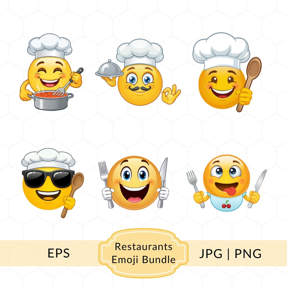 Restaurants Emoji Clipart Bundle, Chef Emojis, Cooking Faces, Food & Restaurant Graphics, EPS PNG JPG Files A 1396