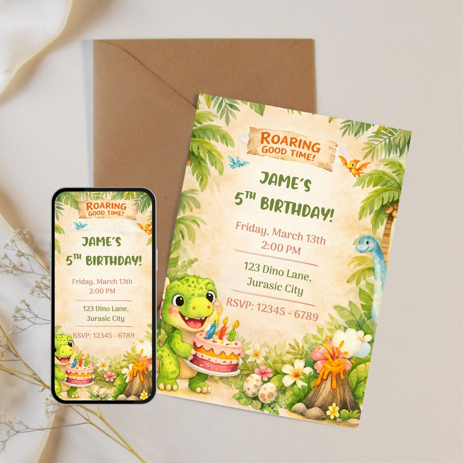 Roaring Dinosaur Birthday Invitation Canva Template, Kids Dino Party Invite Editable, Jungle Theme 5th Birthday Invite Digital Download A1173