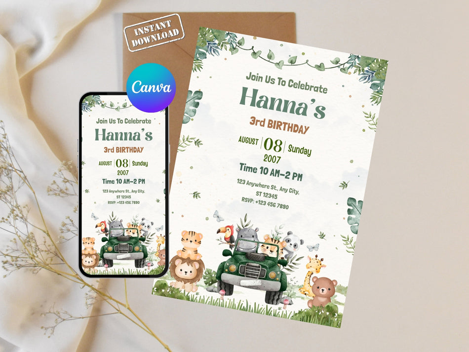 Safari Birthday Invitation Canva Editable, Animals Jeep Invite, 3rd Birthday Party Invitation, Kids Safari Theme Template, Instant Download A 1252