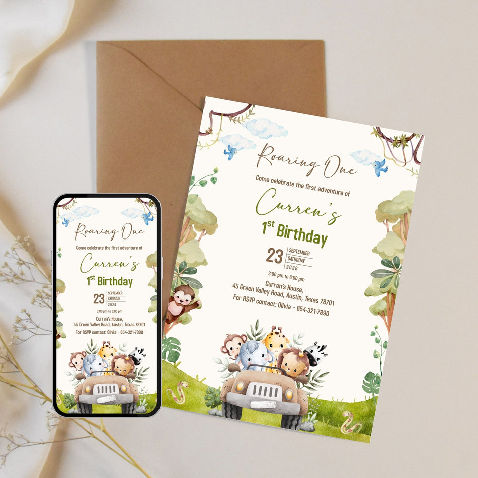Editable Safari Birthday Invitation Template, Jungle Birthday Invite, Canva Party Invitation, Wild Birthday Invite, Printable Kids PartyCard A 1130