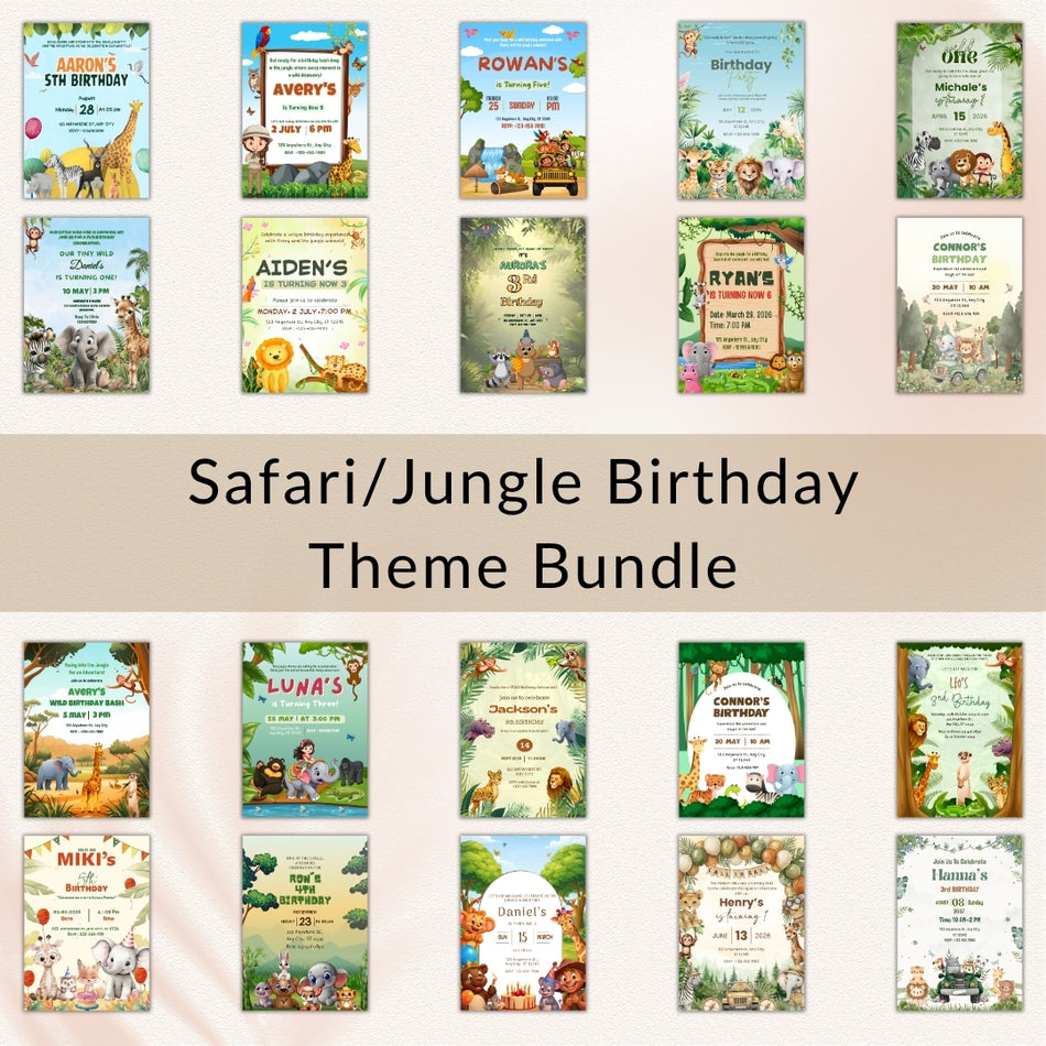 Safari Jungle Birthday Invitation Bundle, Editable Canva Template, Wild One Birthday Invite, Jungle Party, Kids Birthday Digital Download A 1435