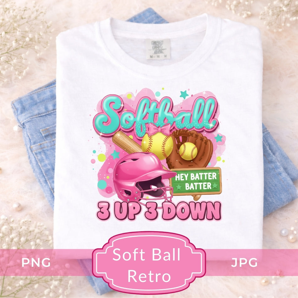 Softball Sublimation PNG, 3 Up 3 Down Shirt Design, Hey Batter Batter Graphic, Pink Girls Softball Clipart, Game Day Team Mom Digital A1057
