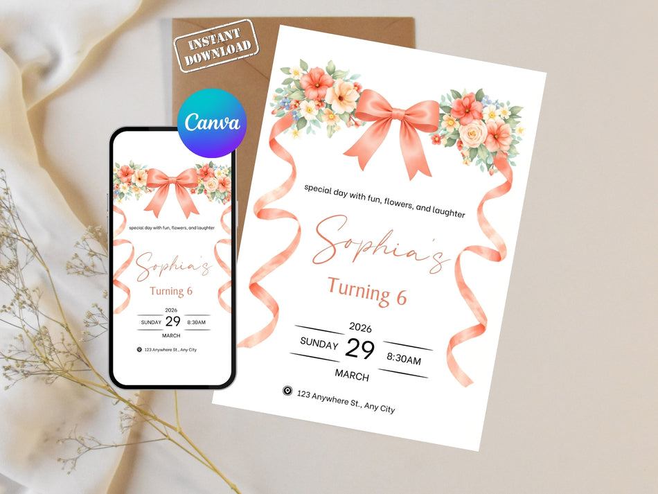 Sophia's Birthday Invitation, Floral Party Invitation, Elegant Ribbon Design, Instant Download, Editable Canva Template, Girl's Party Invite A 1351