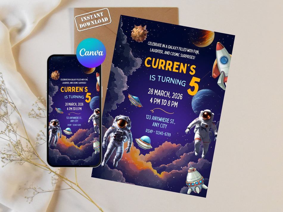 Space-Themed Birthday Invitation, Astronaut Party Invite, Galaxy Birthday Celebration, Printable Canva Birthday Invite, Instant Download A 1230
