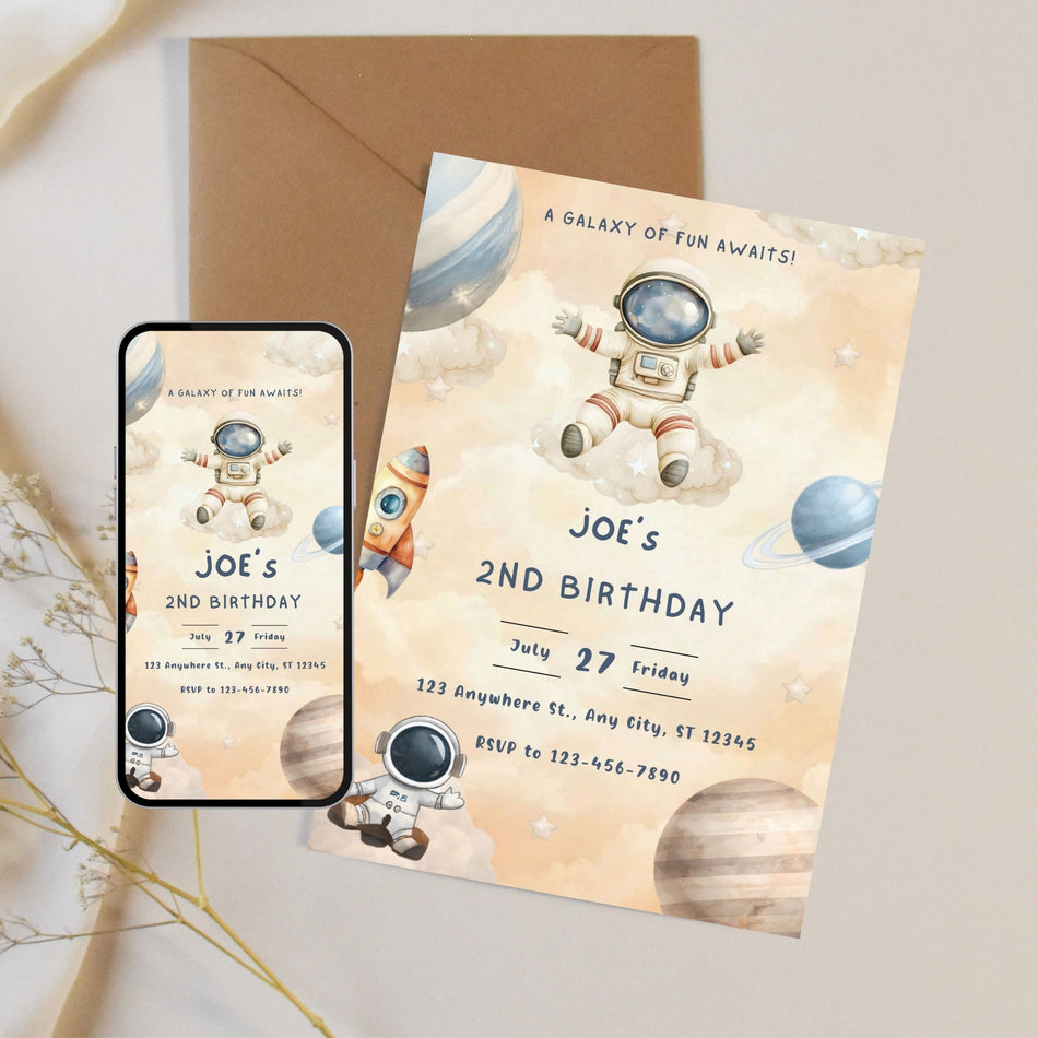Space Birthday Invitation, 2nd Birthday Invite, Astronaut Birthday Party, Galaxy Theme Invite, Kids Party Canva Editable, Digital Download A 1211