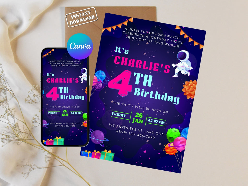 Space Birthday Invitation, Astronaut Party Invitation, Kids Birthday Invitation, Canva Editable Template, 4th Birthday Party A 1219