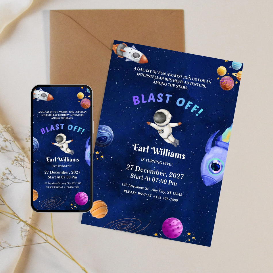 Space Birthday Invitation, Astronaut Invitation, Rocket Birthday Party, Galactic Birthday Invite, Kids Space Party, Digital Invitation, Canva Editable A 1210