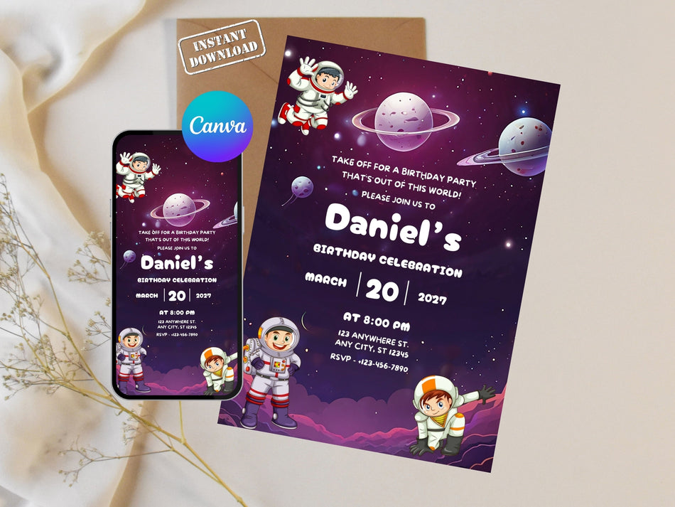 Space Birthday Invitation, Astronaut Themed Party Invite, Kids Birthday Celebration, Instant Download, Editable Canva File A 1233