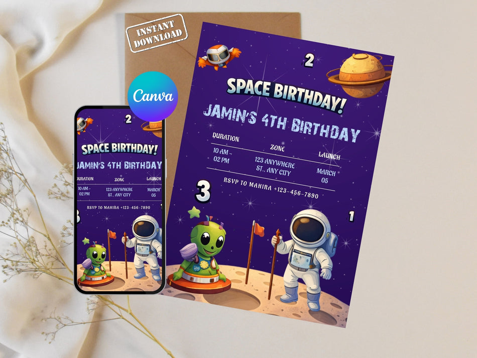 Space Birthday Invitation Canva Editable, Alien Party Invite, Kids Galaxy Birthday Template, Boy Space Party Invite, Instant Download A 1227