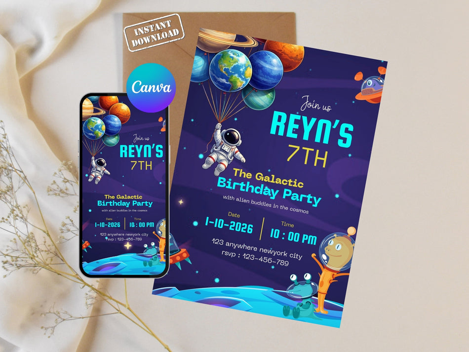 Space Birthday Invitation Canva Editable, Galactic Party Invite, Astronaut Kids Birthday Invitation, Planet Theme Invite, Instant Download A 1226