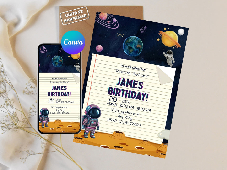 Space Birthday Invitation Canva Template, Astronaut Galaxy Party Invite, Kids Editable Birthday Invite, Printable Digital Download A 1214