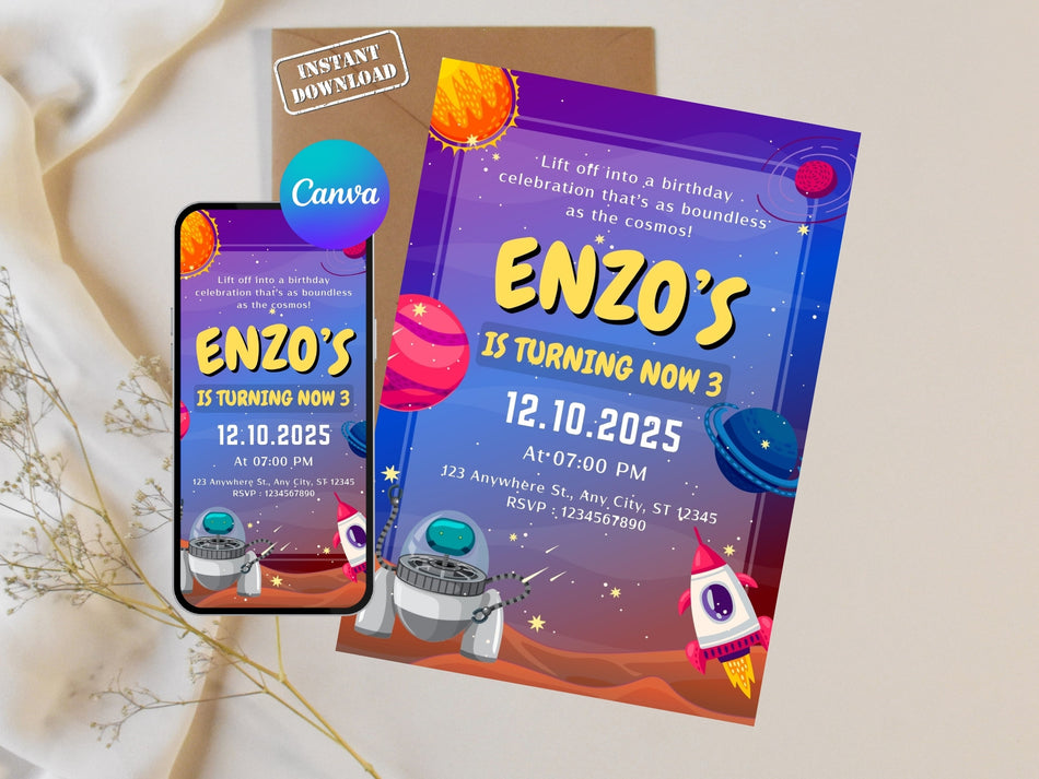 Space Birthday Invitation Canva Template, Astronaut Kids Party Invite, Galaxy Birthday Editable Invite, Printable Digital Download A 1220