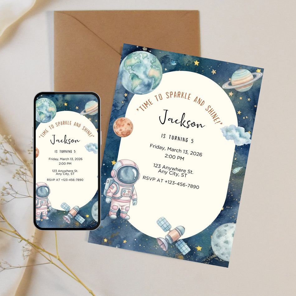 Space Birthday Invitation Canva Template, Astronaut Party Invite, Galaxy Kids Birthday Invite, Editable Canva, Instant Download Printable A 1209