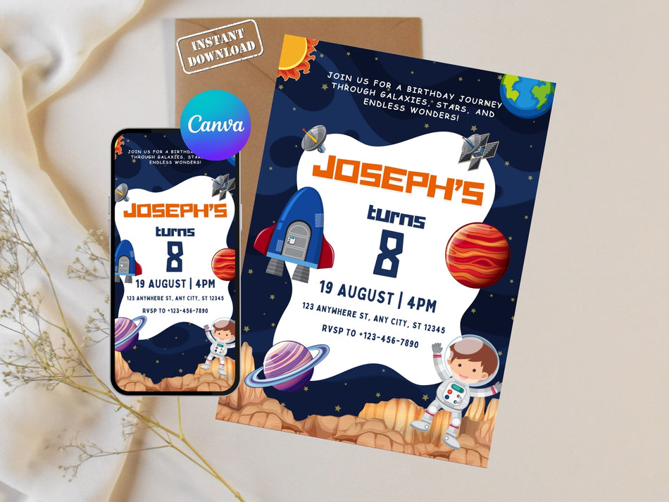 Space Birthday Invitation Canva Template, Astronaut Party Invite, Galaxy Kids Birthday Invite, Editable Canva, Instant Download A 1212