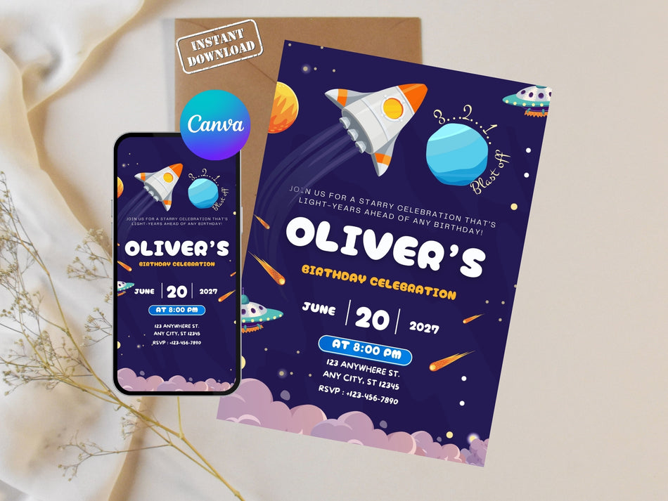 Space Birthday Invitation, Rocket Party Invite, Planet Space Theme, Kids Birthday Invite, Digital Printable Invitation, Instant Download A 1215