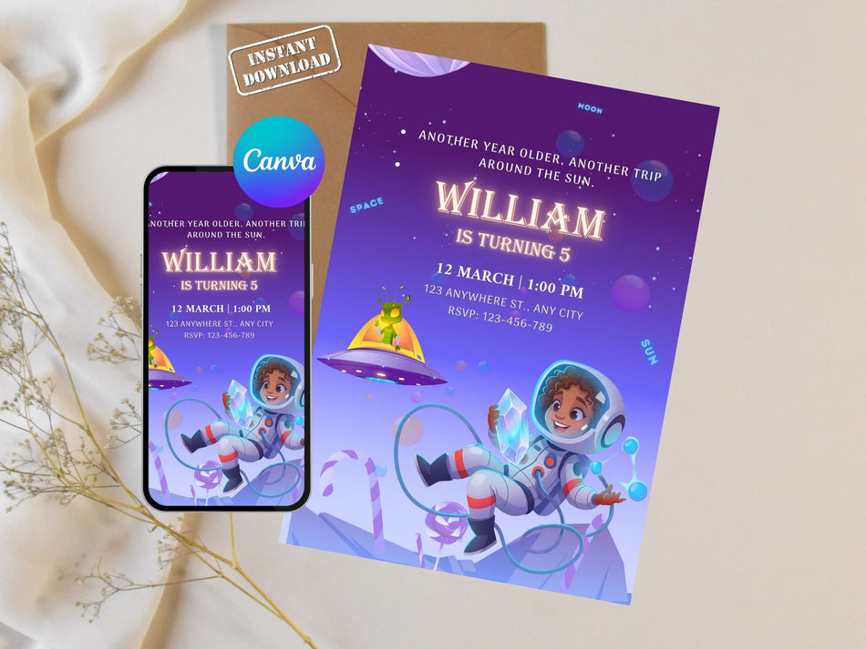 Space Themed Birthday Invitation, Astronaut Party Invite, Kids Birthday Printable, Canva Template, Instant Download A 1223