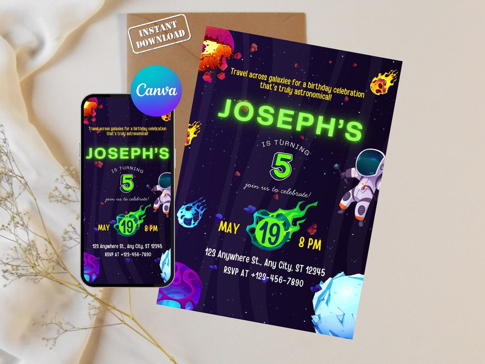 Space Themed Birthday Invitation, Astronaut Party Invite, Galaxy Adventure Party, Printable Canva Invitation, Instant Download A 1229