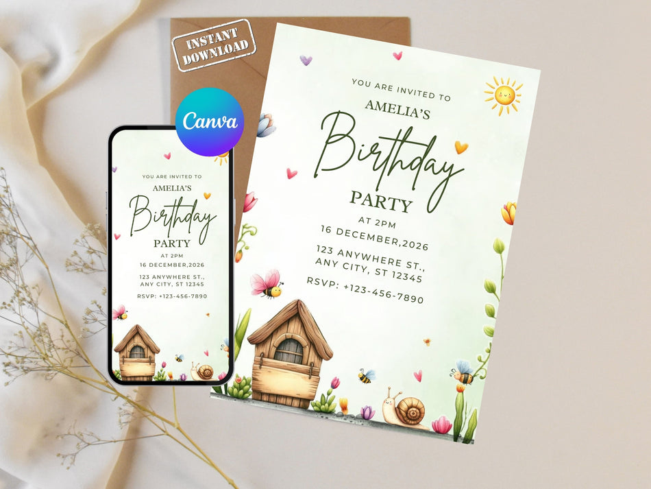 Spring Birthday Invitation, Nature Themed Birthday Invite, Editable Digital Party Invite, Canva Template, Floral Party Invitation A 1368
