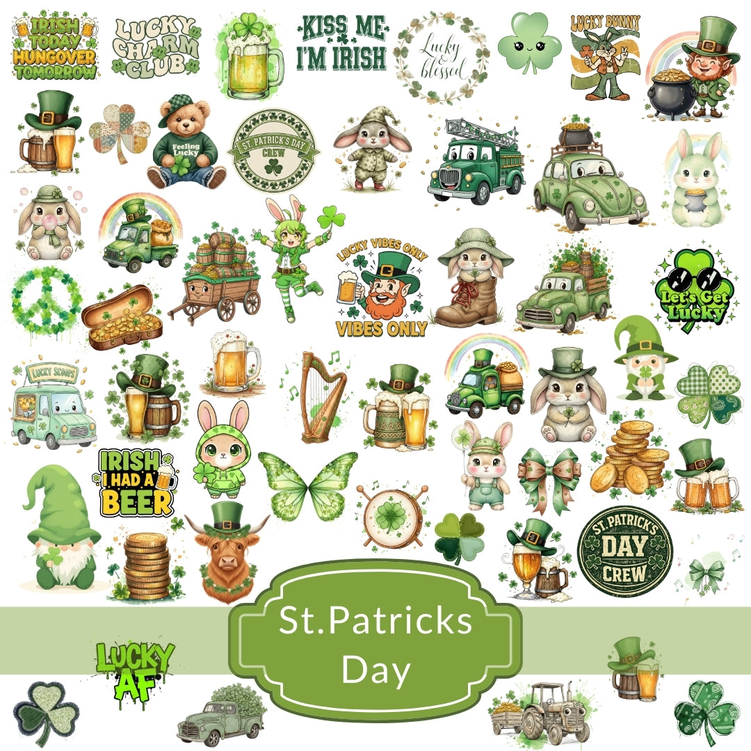 Collection of St. Patrick's Day-themed illustrations including leprechauns, pots of gold, and shamrocks on a white background.