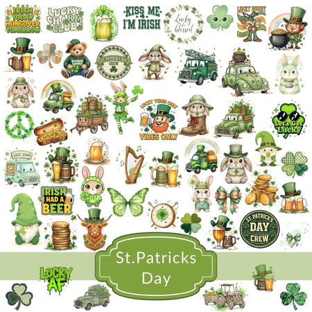 Collection of St. Patrick's Day-themed illustrations including leprechauns, pots of gold, and shamrocks on a white background.