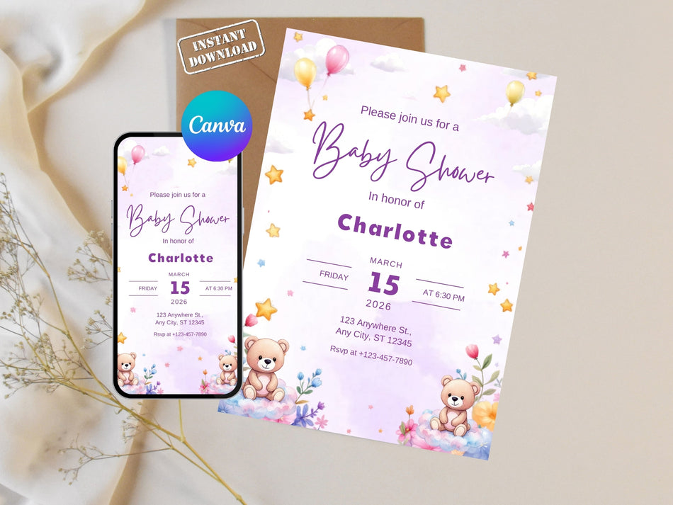 Teddy Bear Baby Shower Invitation Template Canva, Editable Baby Shower Invite, Cute Pastel Balloon Baby Invite, Printable Digital Download A 1422