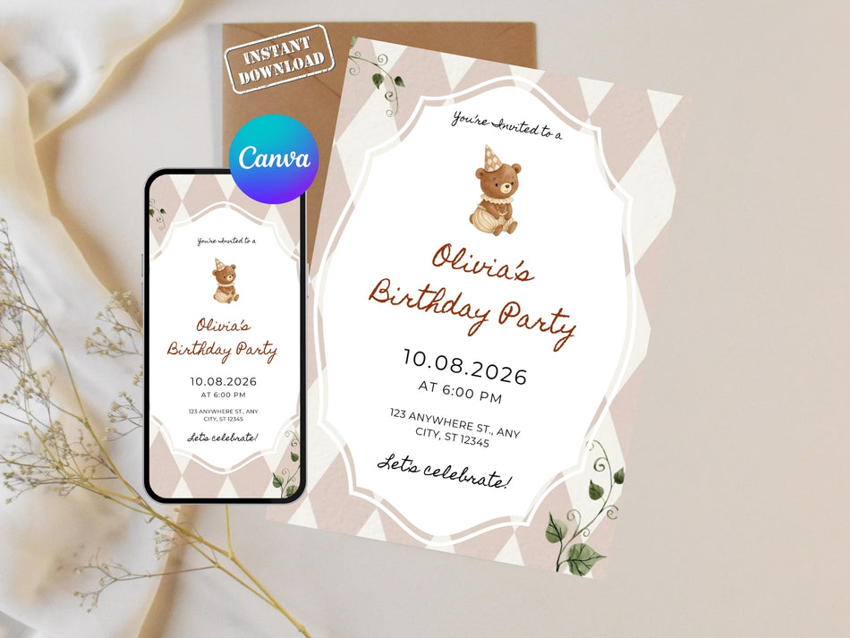 Teddy Bear Birthday Invitation Template, Neutral Kids Party Invite Canva, Editable Baby Birthday Invite Printable, Bear Theme Party Card A 1358