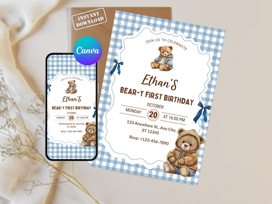 Teddy Bear First Birthday Invitation Canva Editable, Boy Birthday Template, Baby Shower Style Invite, Instant Download A 1387