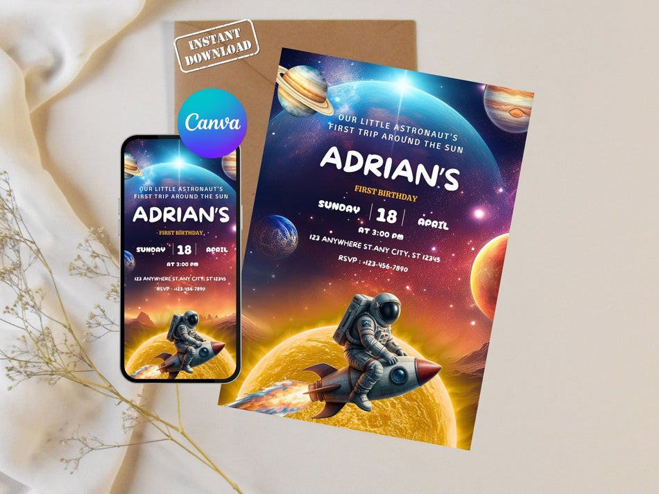 the Sun Invitation Canva Editable, Astronaut 1st Birthday Invite, Space First Birthday Template, Galaxy Party Invite, Instant Download A 1228