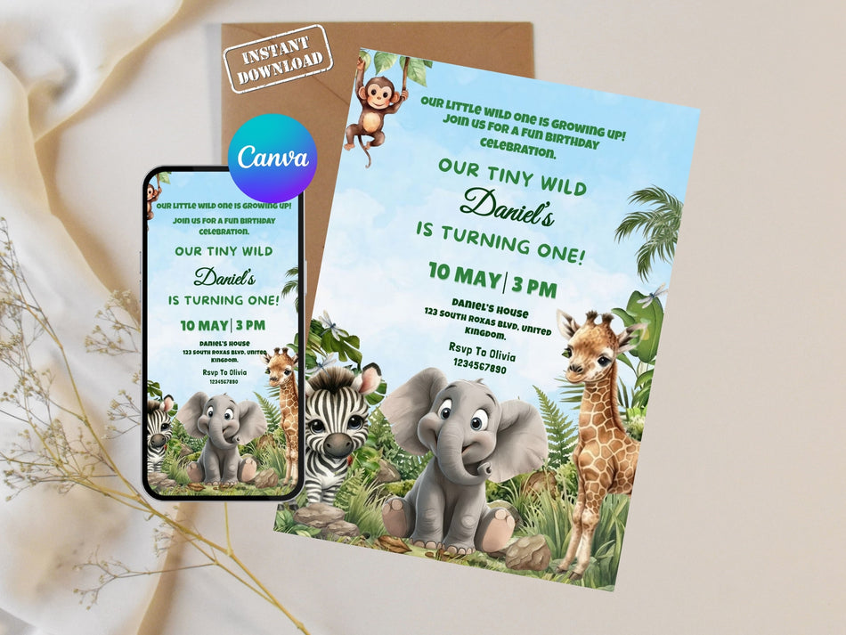 Tiny Wild One Birthday Invitation Canva Editable, Jungle Safari 1st Birthday Invite, Baby Animal Birthday Template, Instant Download A 1238