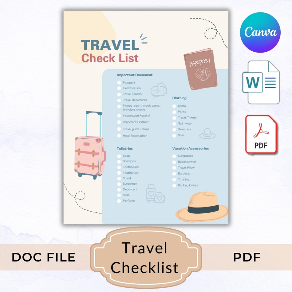Travel Checklist Printable PDF, Vacation Packing List Template, Travel Planner Insert, Editable DOC File, A4 US Letter, Trip Organizer A 1049