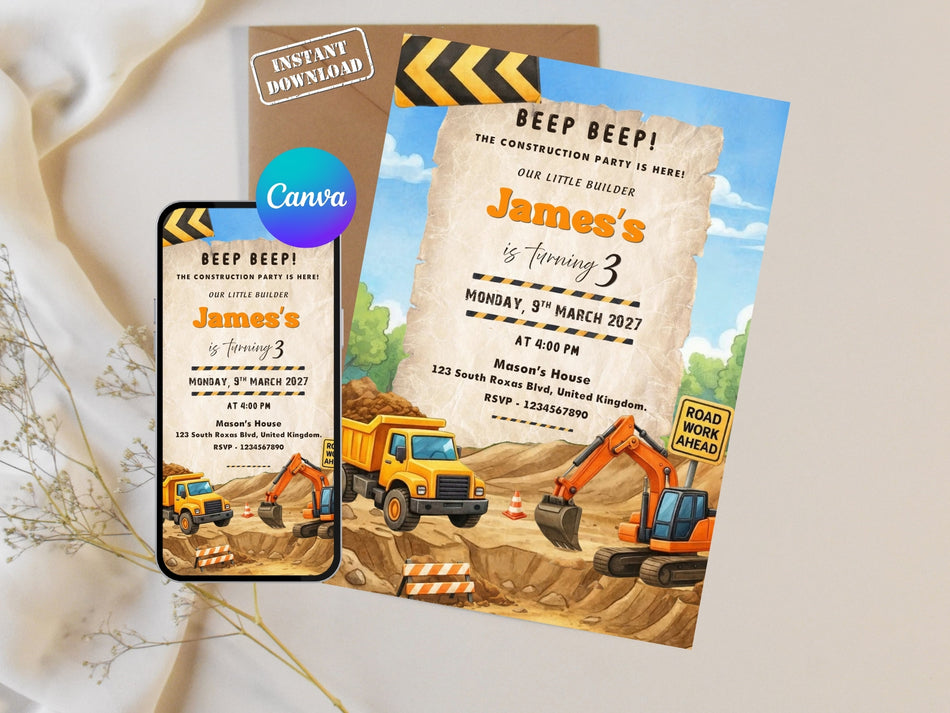 Truck Birthday Invite, Construction Birthday Invitation Template, Boy 3rd Birthday Party, Editable Canva Invite, Digging Theme Card A1302