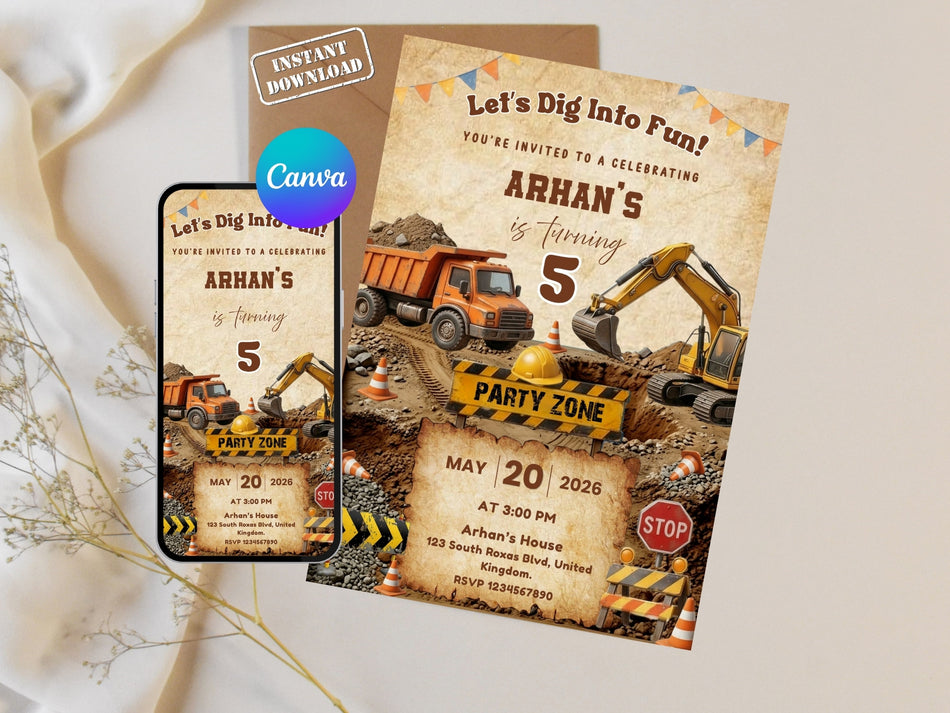 Under Construction Birthday Invitation Template Canva Editable, Truck Excavator Kids Birthday Invite Printable Instant Download A 1292