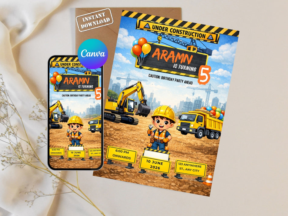 Under Construction Birthday Invitation Template Canva Editable, Truck Excavator Kids Birthday Invite Printable Instant Download A 1296