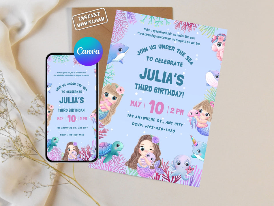 Under the Sea Birthday Invitation Girl | Mermaid Birthday Invite | Editable Canva Invitation | Ocean Theme Party | Instant Download A 1254