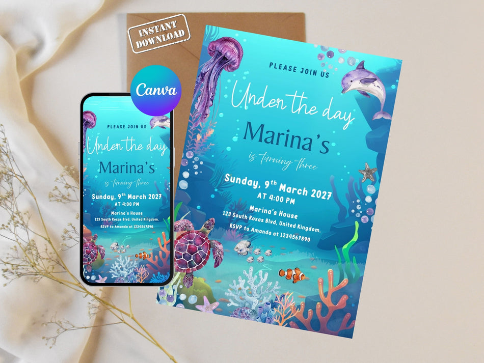 Under the Sea Birthday Invitation Girl | Ocean Theme Mermaid Invite | Editable Canva Birthday Invitation | Kids Party Invite Download A 1259