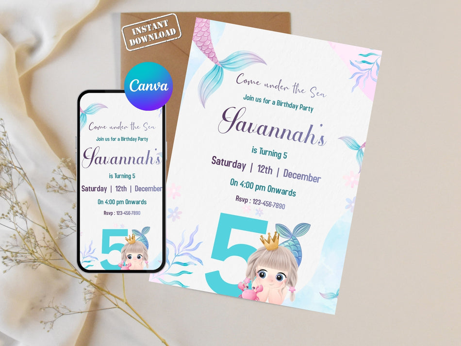 Under the Sea Birthday Invitation Girl, Pastel Theme, Kids 5th Birthday Invitation, Ocean Birthday Invite, Canva Editable, Instant Download A 1262