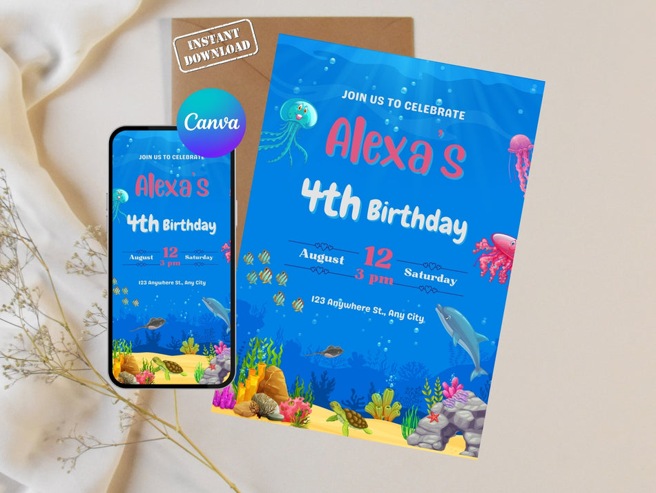 Under the Sea Birthday Invitation | Ocean Theme Party Invite | Editable Canva Birthday Invitation | Kids Birthday Invite | Instant Download A 1258