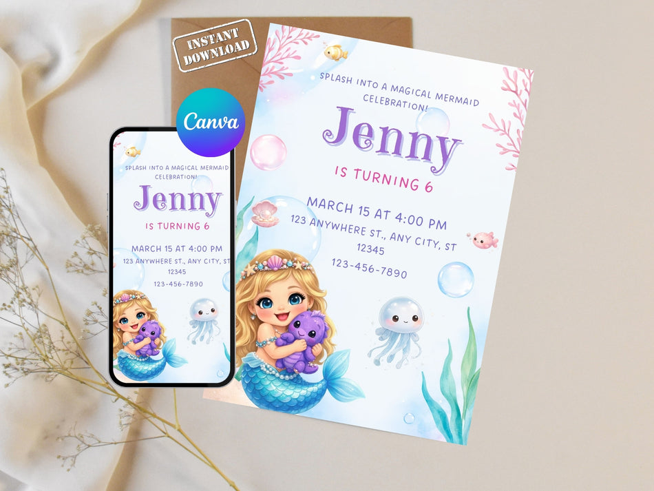 Under the Sea Birthday Invite, Mermaid Party Invitation, Ocean Theme Kids Birthday Card, Digital Download A 1269
