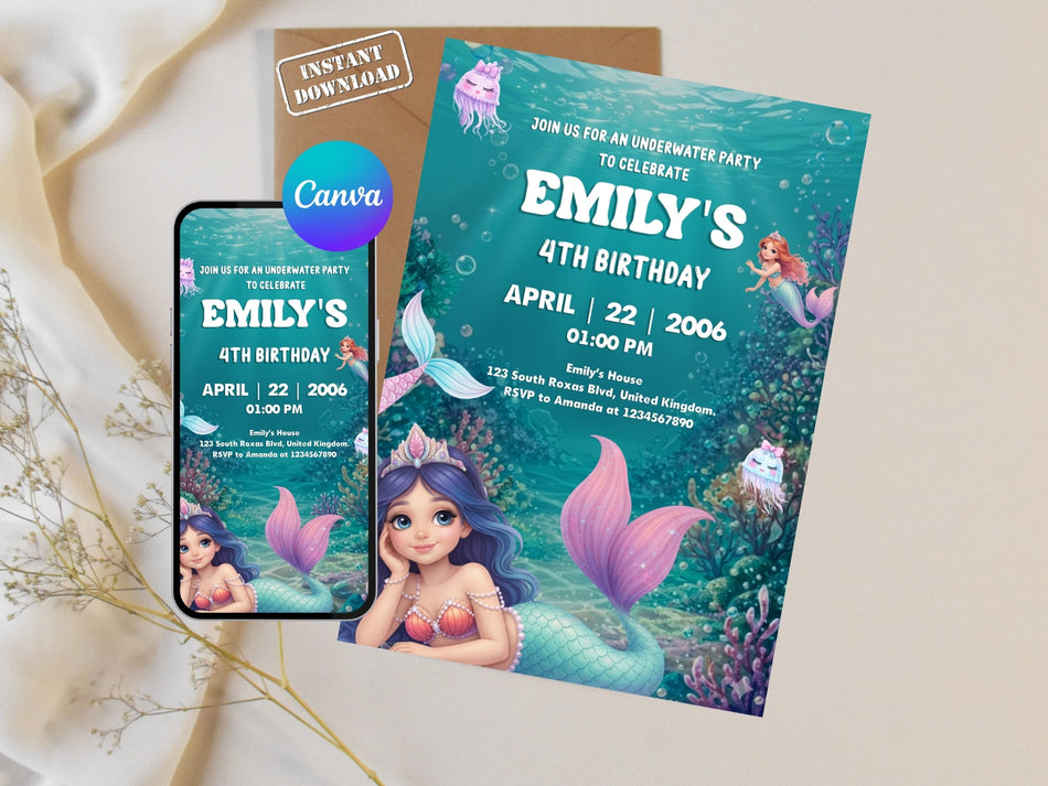 Under the Sea Mermaid Birthday Invitation Girl Ocean Party Invite Kids Birthday Invitation Mermaid Theme Canva Editable Instant Download A 1264