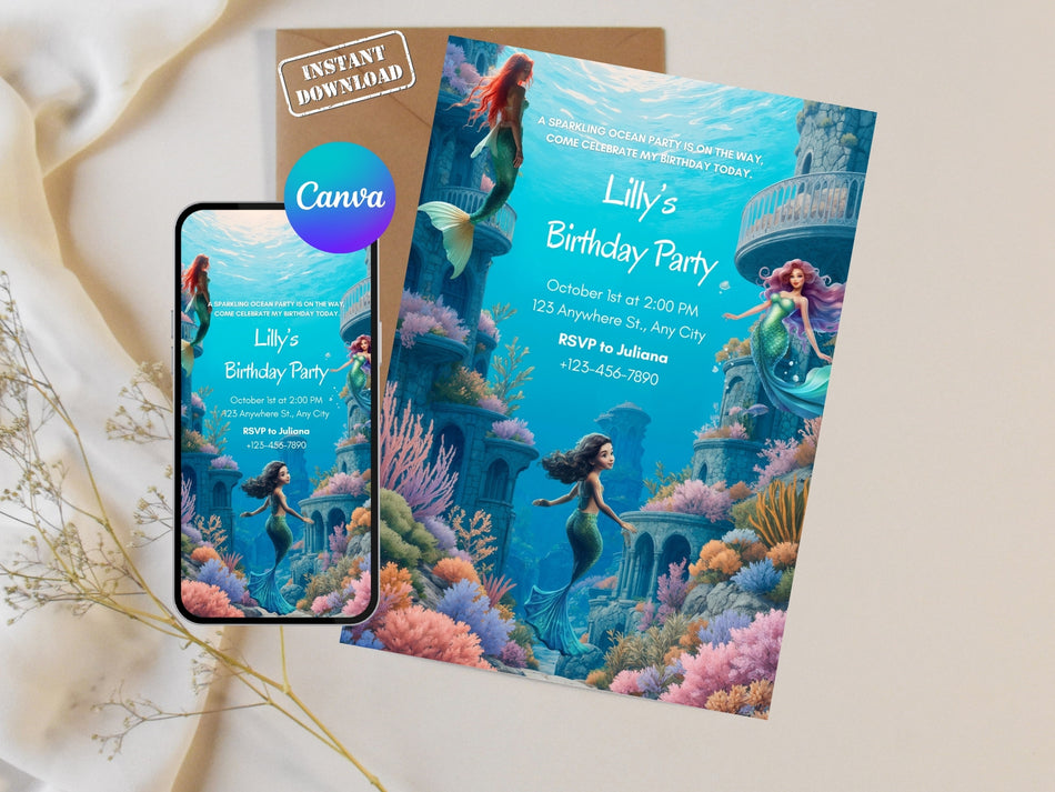 Under the Sea Party Invite, Mermaid Birthday Invitation Template, Ocean Theme Birthday Invite, Canva Editable Template, Instant Download A 1279