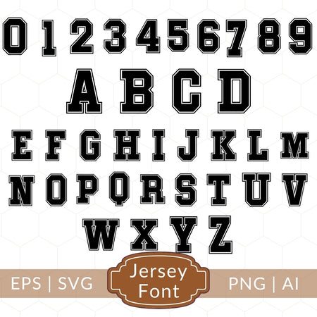 Black jersey font letters and numbers on a white background with 'Jersey Font' label.