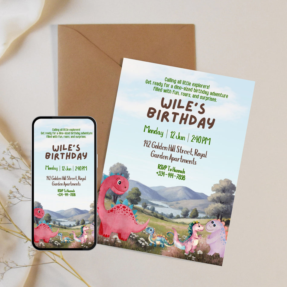 Watercolor Dinosaur Birthday Invitation Cute Dino Birthday Party Invite Kids Party Invitation Printable Dino Birthday Card Digital Invite A 1165