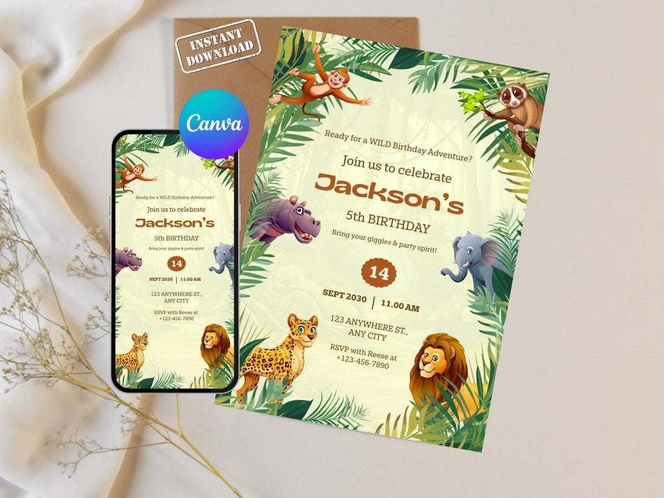Wild Jungle Birthday Invitation, Animal Safari Party Invite, Kids Jungle Adventure Theme, Editable Canva Template, Instant Download A  1244