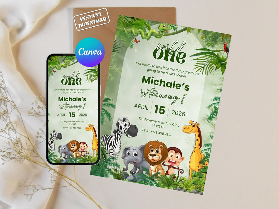 Wild One Birthday Invitation Canva Editable, Jungle Safari 1st Birthday Invite, Animal Birthday Template, Instant Download A 1237