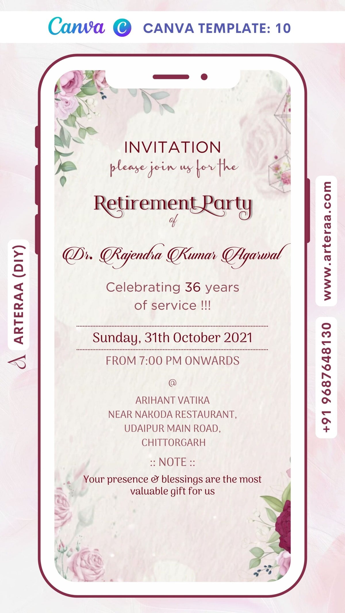 Retirement Party invitation card Canva Editable video Template in english language with flowers as floral theme design 10