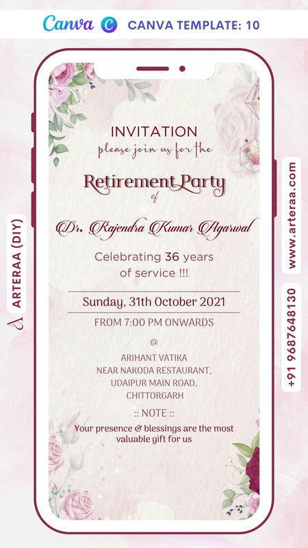 Retirement Party invitation card Canva Editable video Template in english language with flowers as floral theme design 10