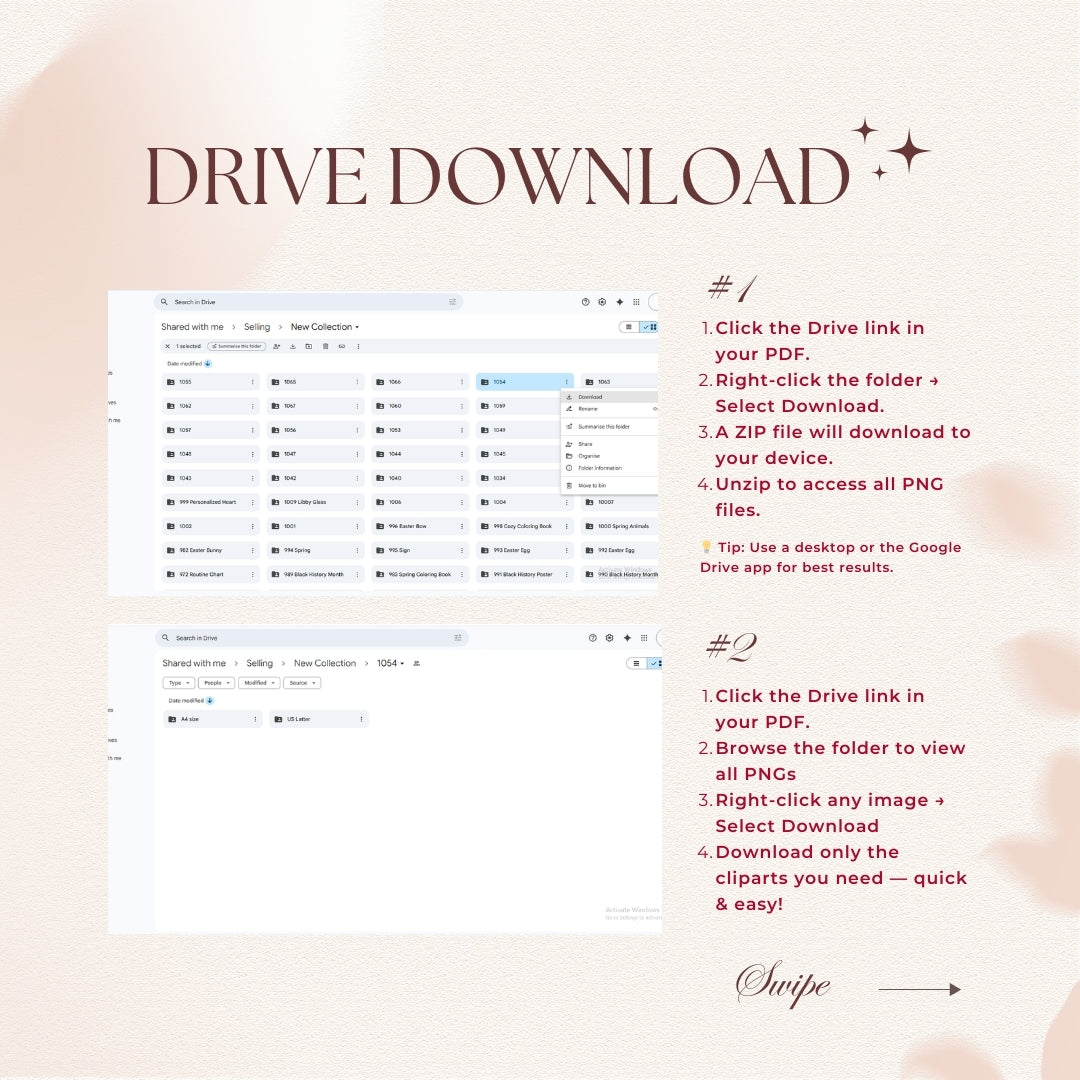 Instructions for downloading files from a Drive on a light pink background