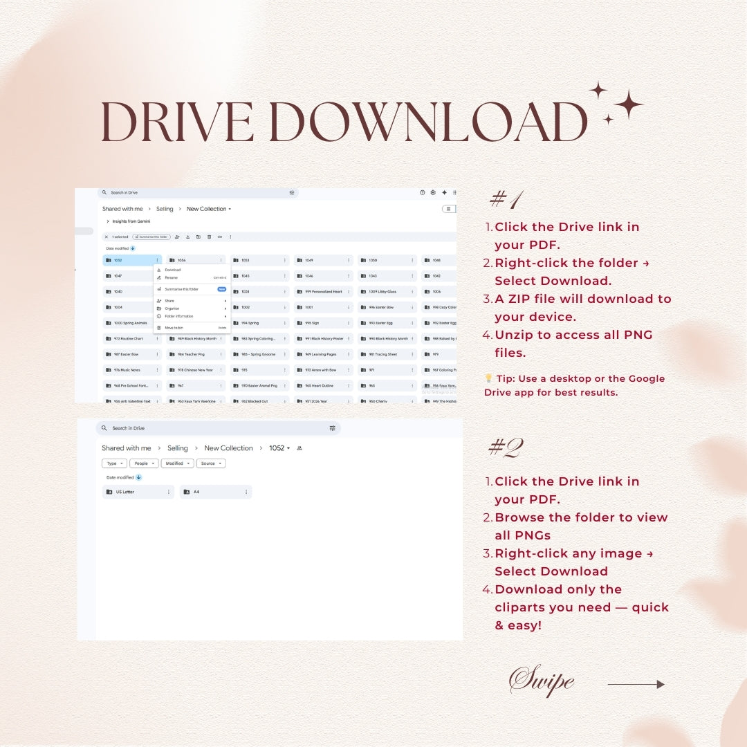 Instructions for downloading files from a Google Drive interface on a light pink background.