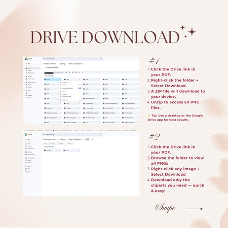 Instructions for downloading images from a PDF using Google Drive on a light pink background.